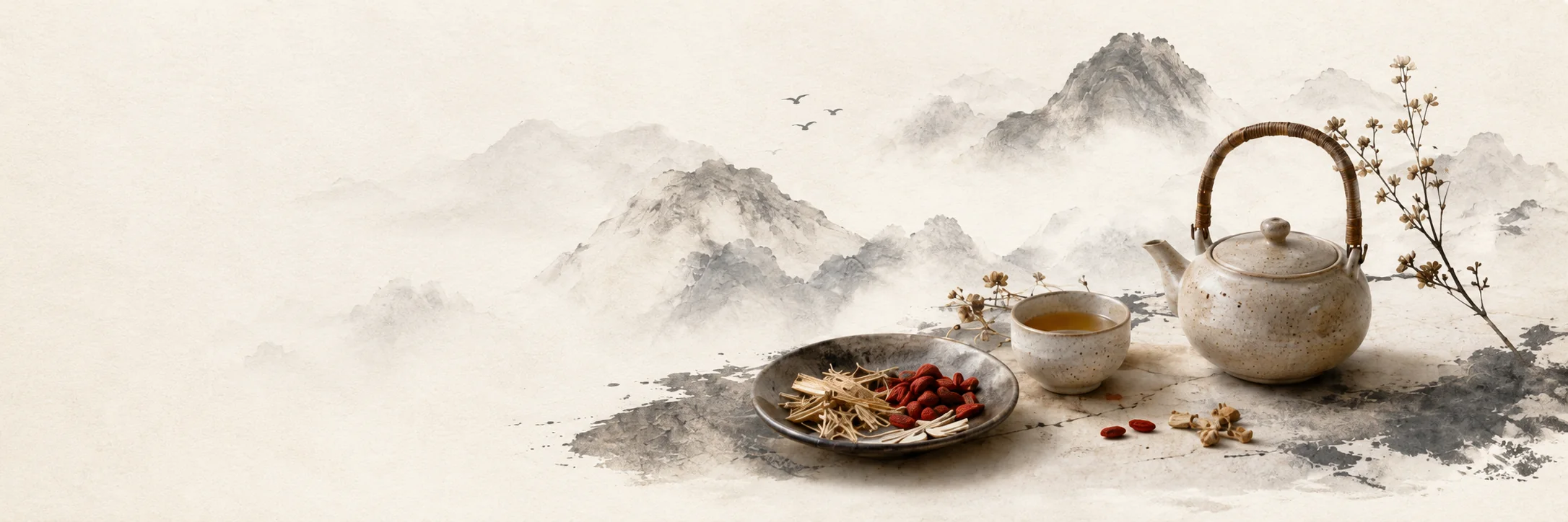 Chinese herbs, tea, and a ceramic teapot in an ink-wash mountain landscape