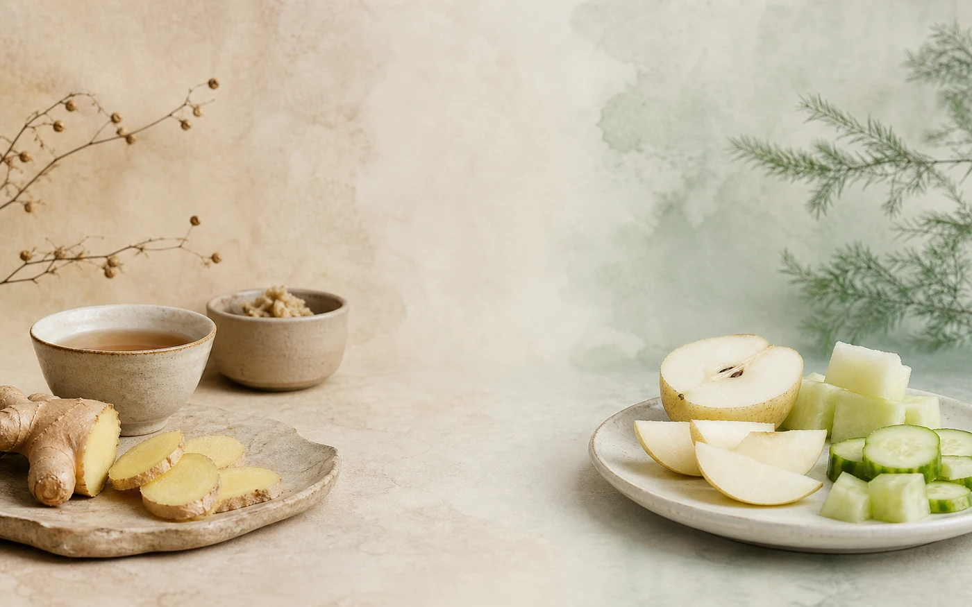 Editorial warming and cooling food qualities composition with warm tea tones and cool seasonal food tones