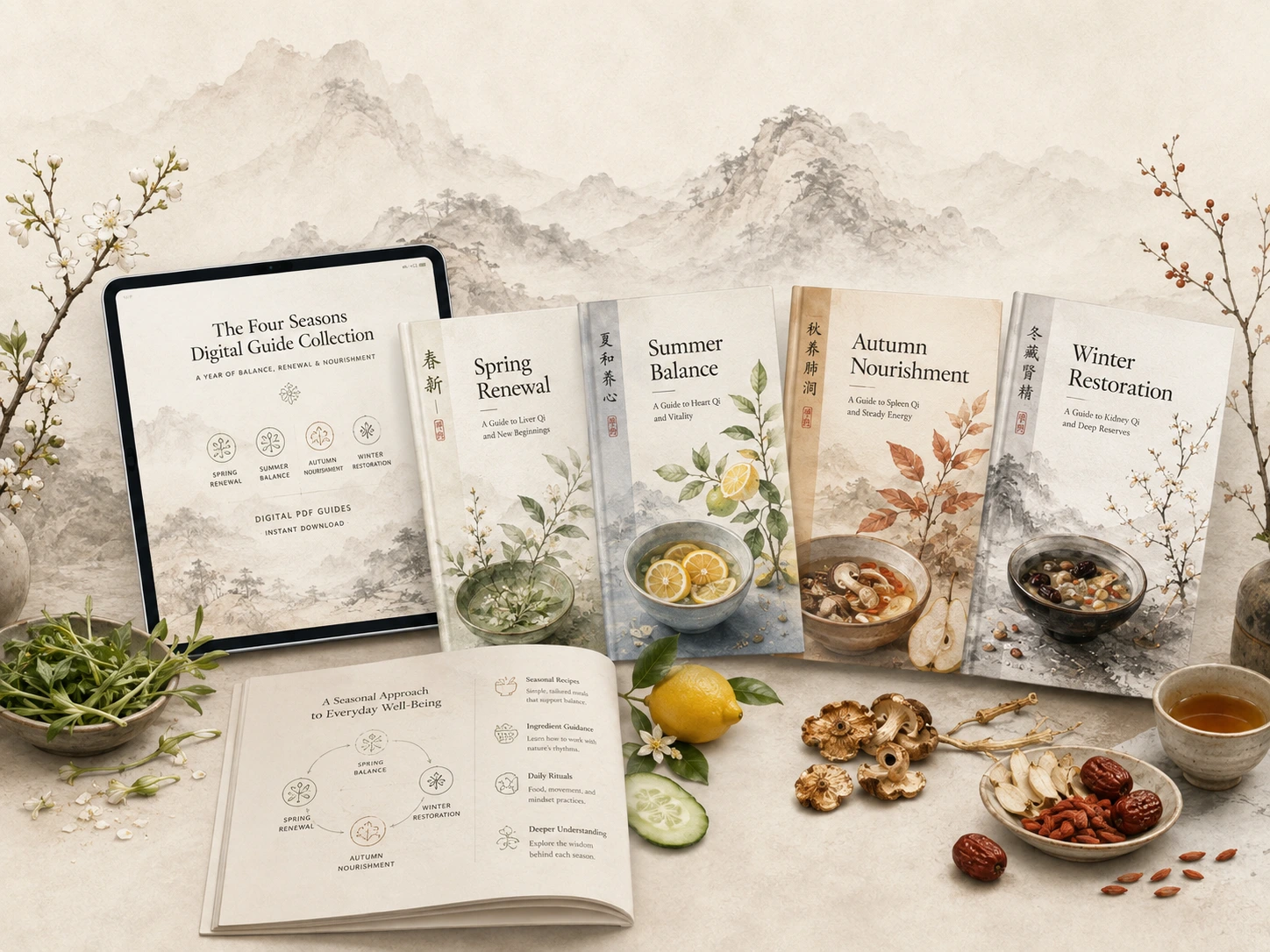 Digital Seasonal Qi guide shown with seasonal food, herbs, tea, and an editorial table setting
